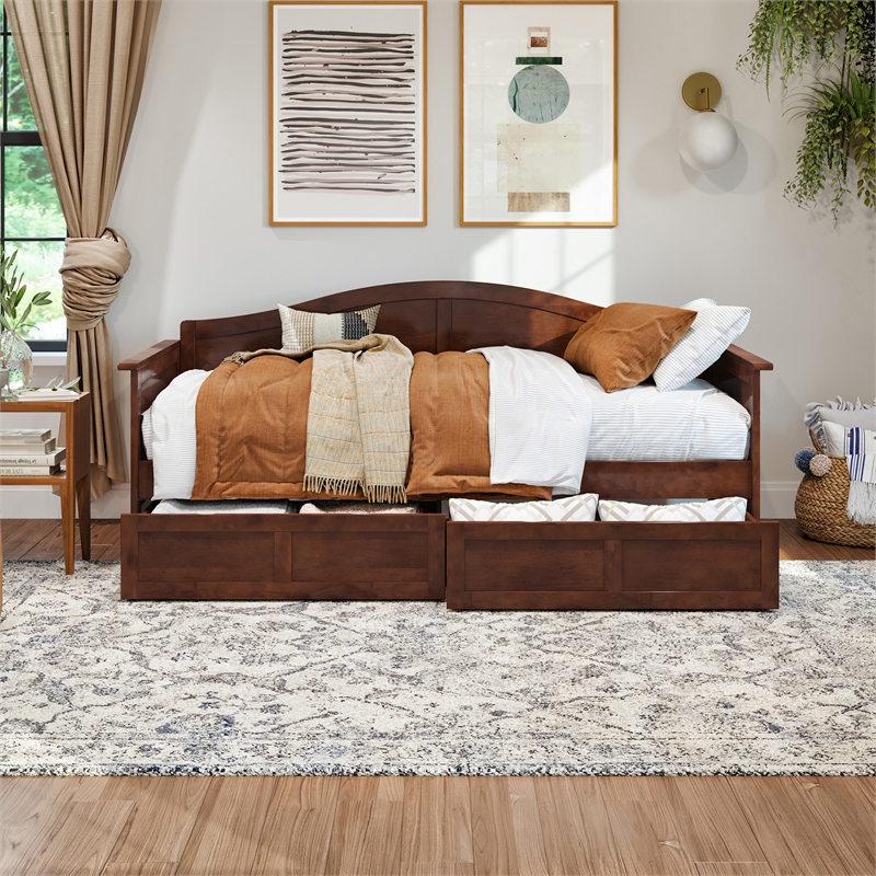 AFI Acadia Mid-Century Solid Wood Twin Daybed with Set of 2 Drawers in Walnut