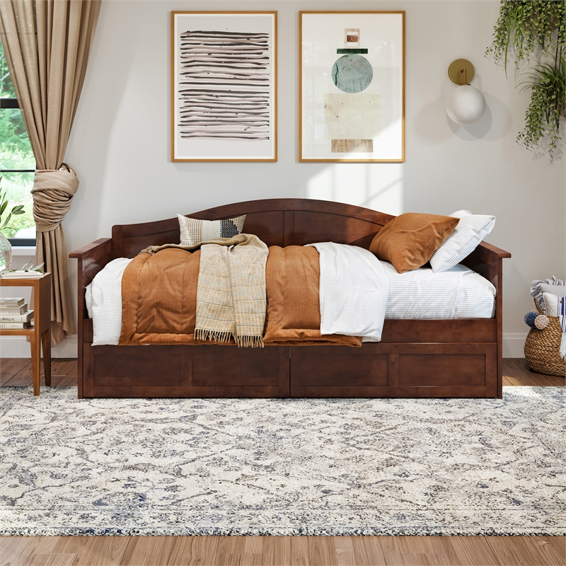 AFI Acadia Mid-Century Solid Wood Twin Daybed with Set of 2 Drawers in Walnut