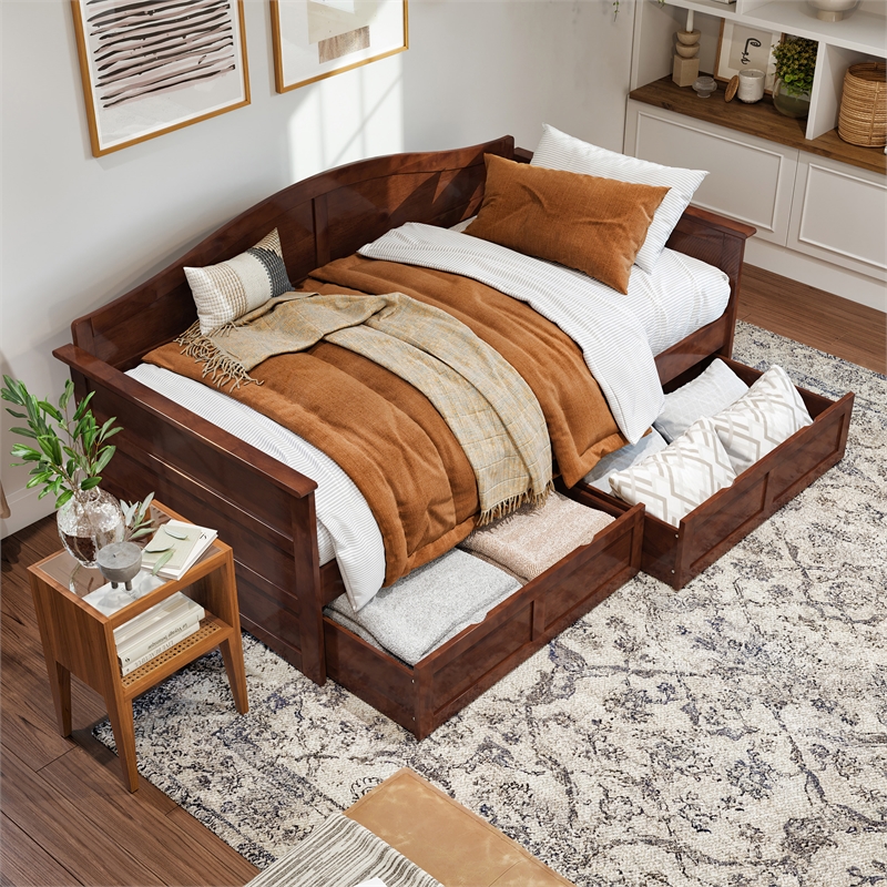 AFI Acadia Mid-Century Solid Wood Twin Daybed with Set of 2 Drawers in Walnut