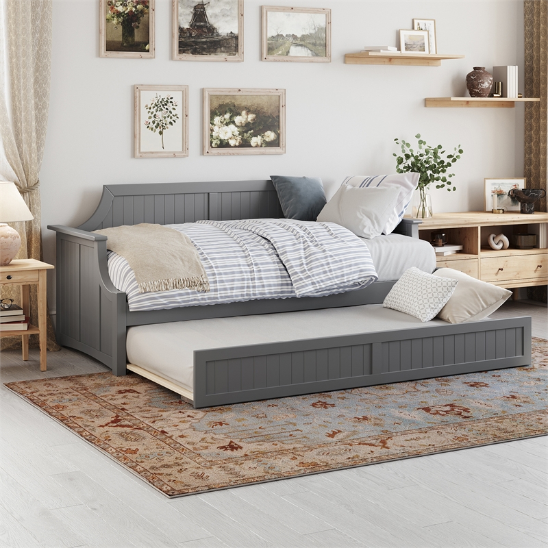 AFI Cambridge Mid-Century Solid Wood Daybed with Twin Trundle in Gray