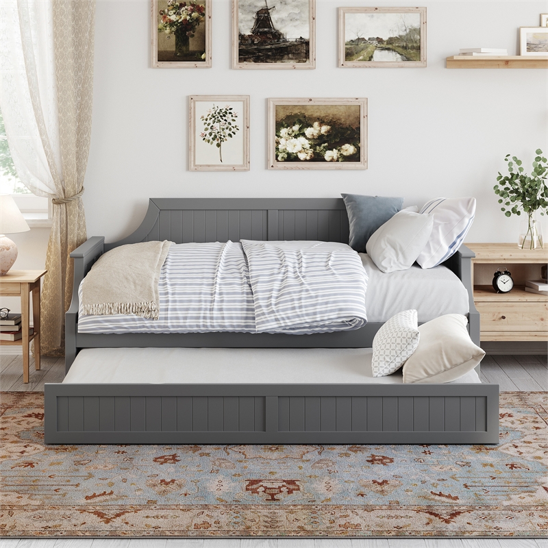 AFI Cambridge Mid-Century Solid Wood Daybed with Twin Trundle in Gray