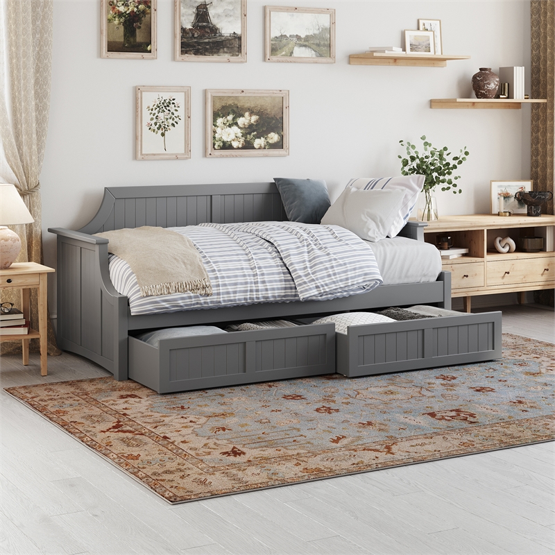 AFI Cambridge Mid-Century Solid Wood Twin Daybed with Set of 2 Drawers in Gray