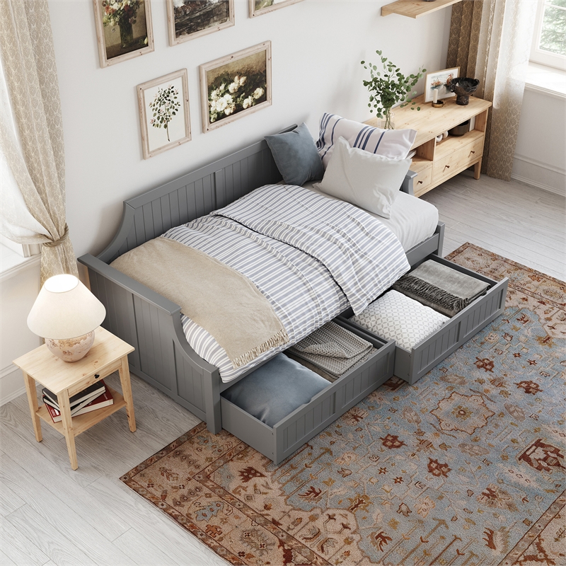AFI Cambridge Mid-Century Solid Wood Twin Daybed with Set of 2 Drawers in Gray