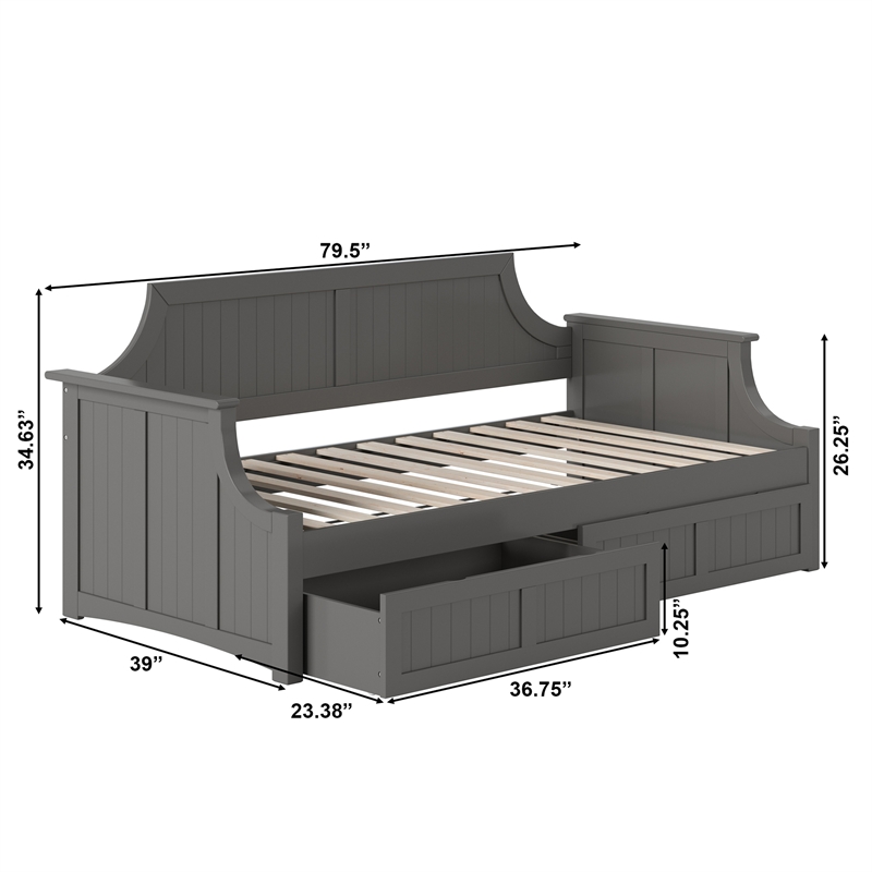 AFI Cambridge Mid-Century Solid Wood Twin Daybed with Set of 2 Drawers in Gray