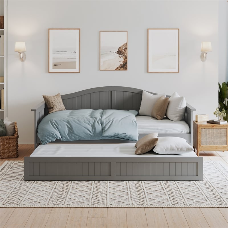 AFI Nantucket Mid-Century Solid Wood Daybed with Twin Trundle in Gray