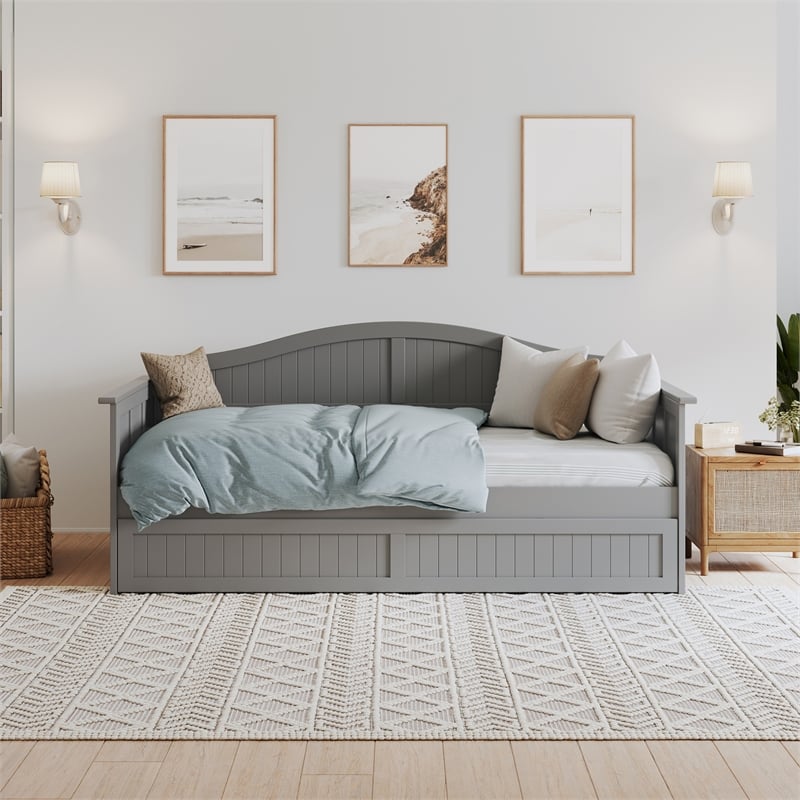 AFI Nantucket Mid-Century Solid Wood Daybed with Twin Trundle in Gray