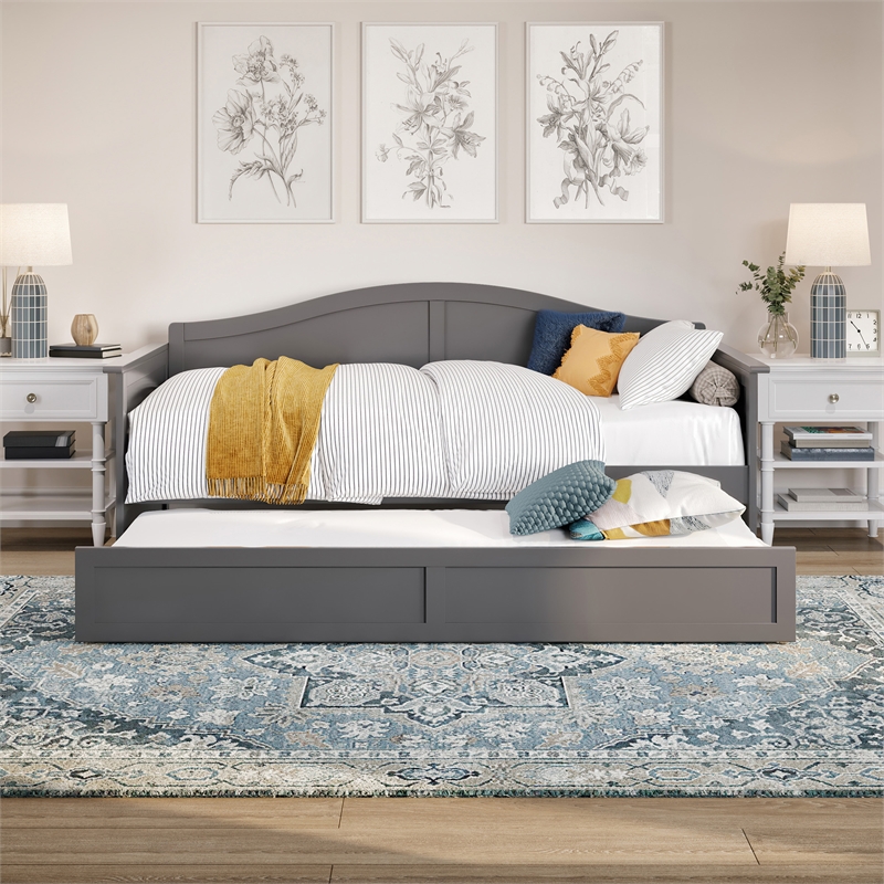AFI Acadia Mid-Century Solid Wood Twin Daybed with Twin Trundle in Gray