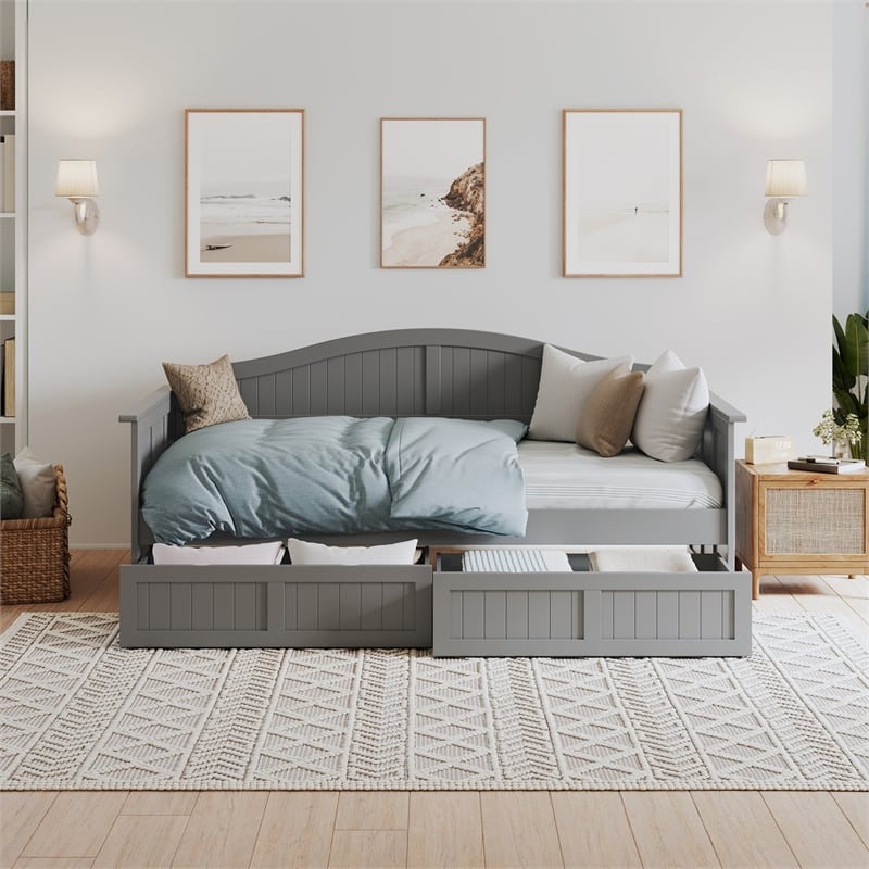 AFI Nantucket Mid-Century Solid Wood Twin Daybed with Set of 2 Drawers in Gray