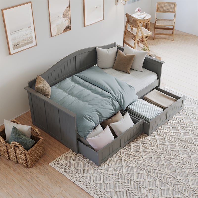 AFI Nantucket Mid-Century Solid Wood Twin Daybed with Set of 2 Drawers in Gray