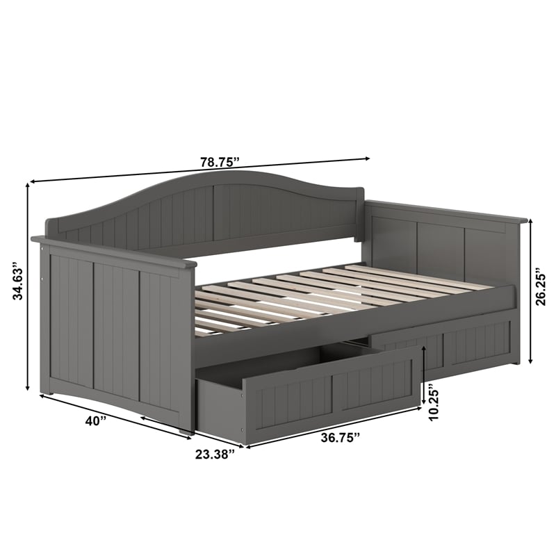 AFI Nantucket Mid-Century Solid Wood Twin Daybed with Set of 2 Drawers in Gray