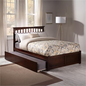 Mission Wood King Platform Bed with Footboard and Twin XL Trundle in Walnut