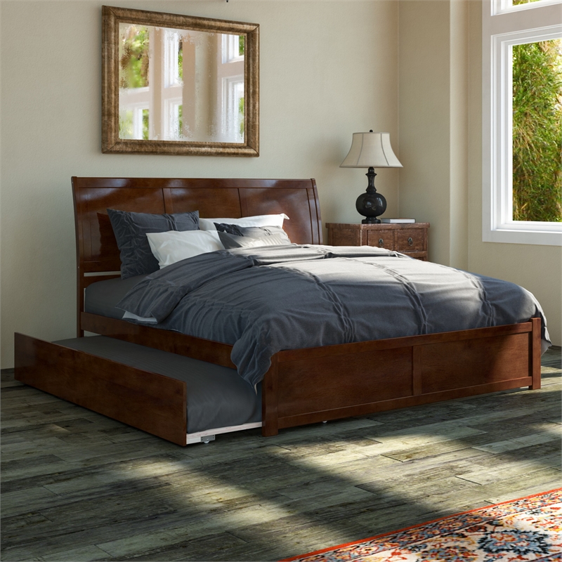 Portland Wood King Platform Bed with Footboard and Twin XL Trundle in Walnut
