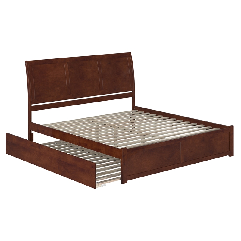 Portland Wood King Platform Bed with Footboard and Twin XL Trundle in Walnut