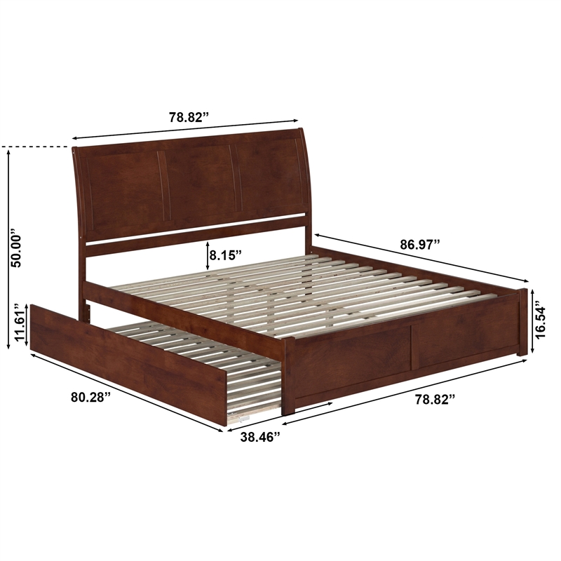 Portland Wood King Platform Bed with Footboard and Twin XL Trundle in Walnut