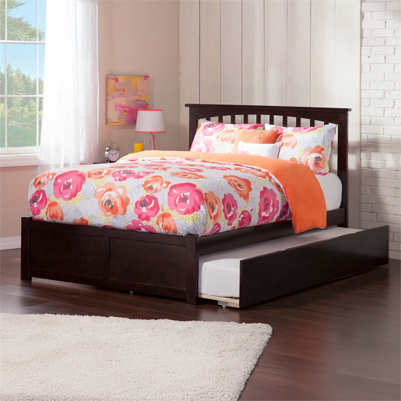 Mission Wood King Platform Bed with Footboard and Twin XL Trundle in Espresso