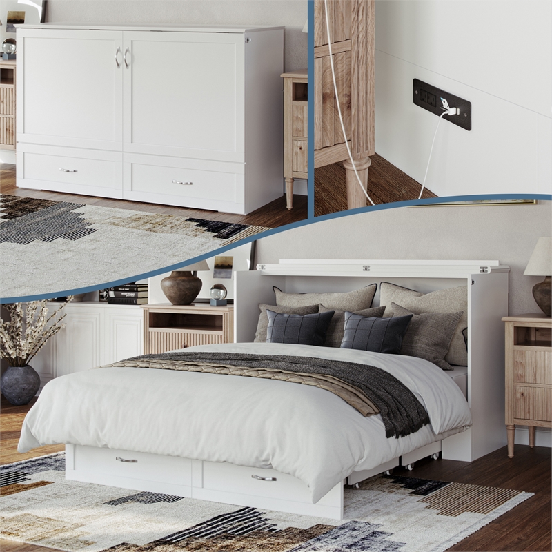 AFI Raleigh Modern Queen Solid Wood Murphy Bed Chest with Mattress in White