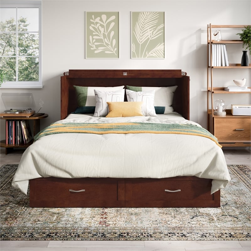 AFI Raleigh Modern Queen Solid Wood Murphy Bed Chest with Mattress in Walnut