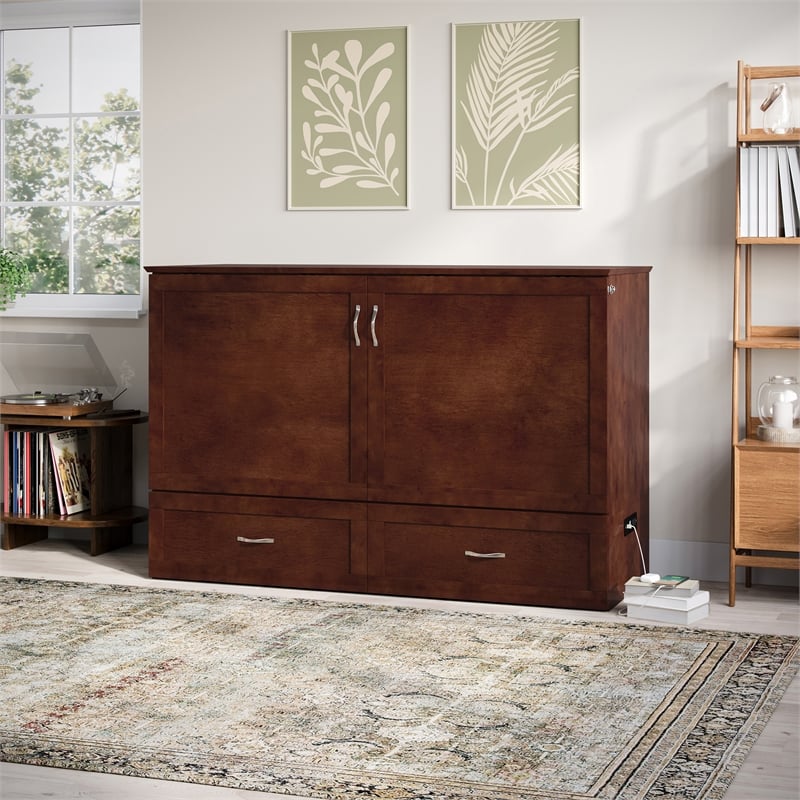 AFI Raleigh Modern Queen Solid Wood Murphy Bed Chest with Mattress in Walnut