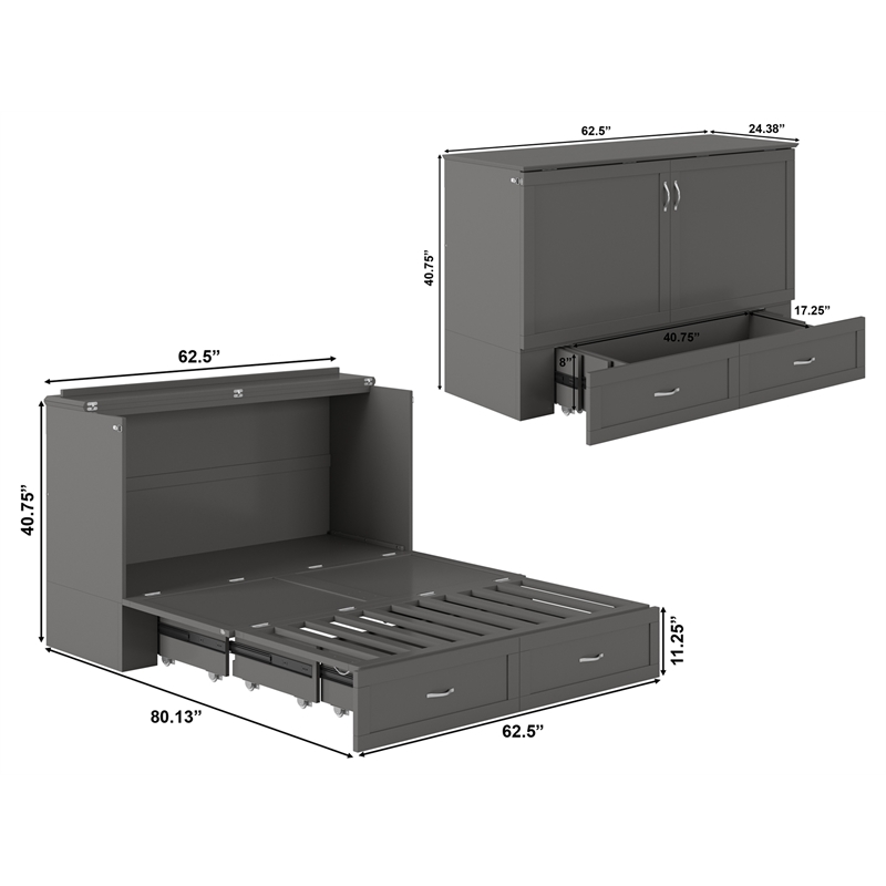 AFI Raleigh Modern Queen Solid Wood Murphy Bed Chest with Mattress in Gray