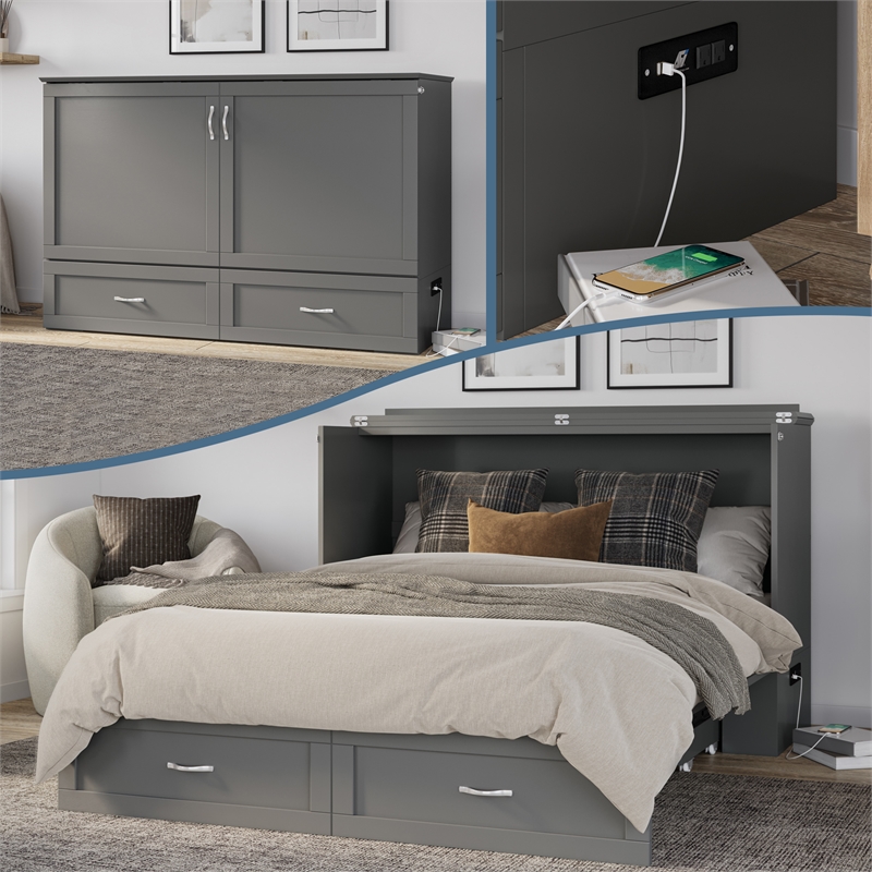 AFI Raleigh Modern Queen Solid Wood Murphy Bed Chest with Mattress in Gray
