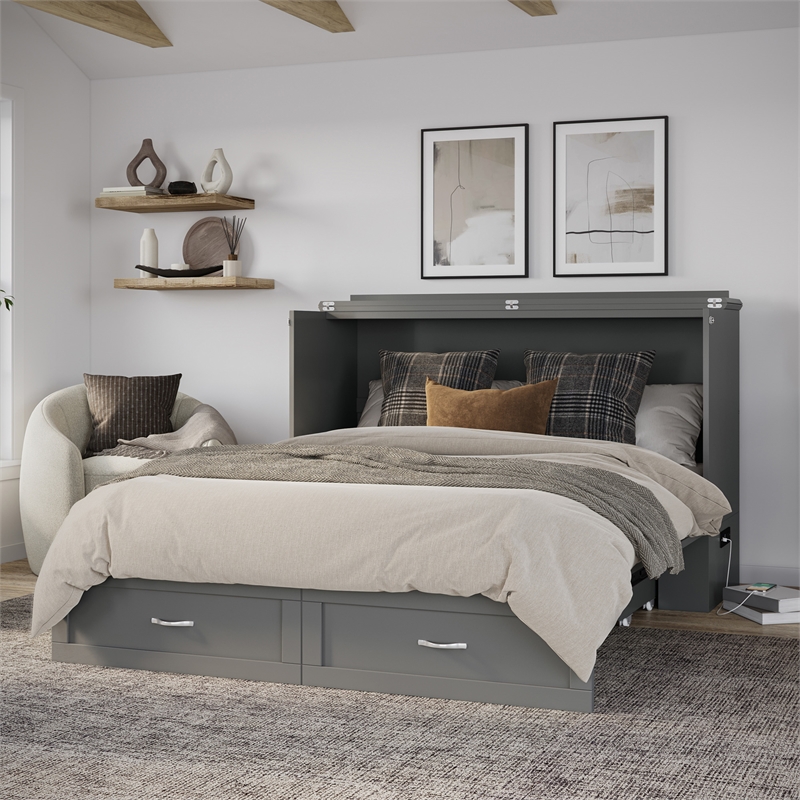 AFI Raleigh Modern Queen Solid Wood Murphy Bed Chest with Mattress in Gray
