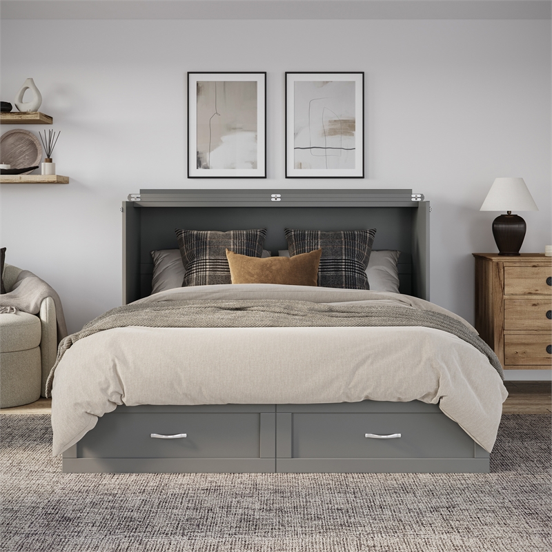 AFI Raleigh Modern Queen Solid Wood Murphy Bed Chest with Mattress in Gray
