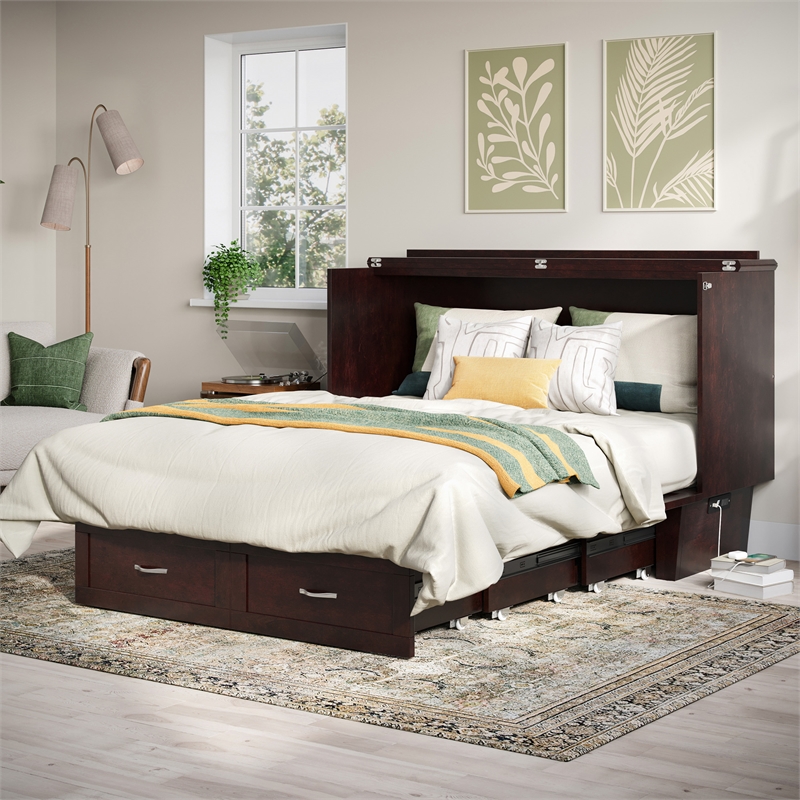 AFI Chelsea Queen Solid Wood Murphy Bed Chest with Mattress in Espresso