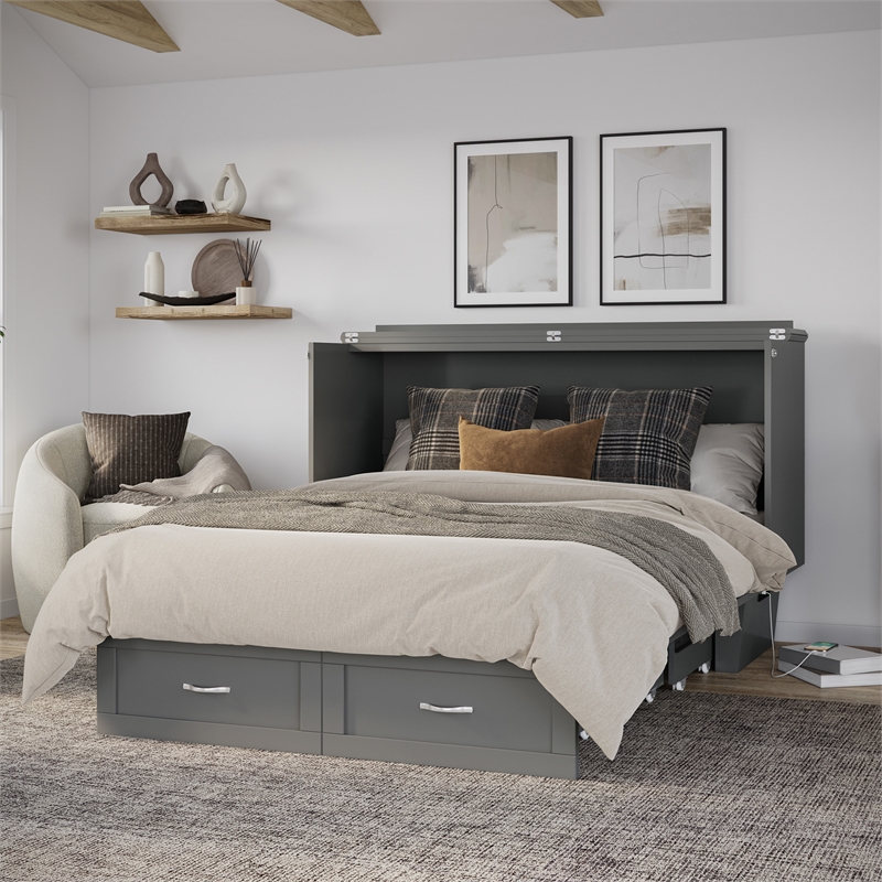 AFI Chelsea Queen Solid Wood Murphy Bed Chest with Mattress in Gray