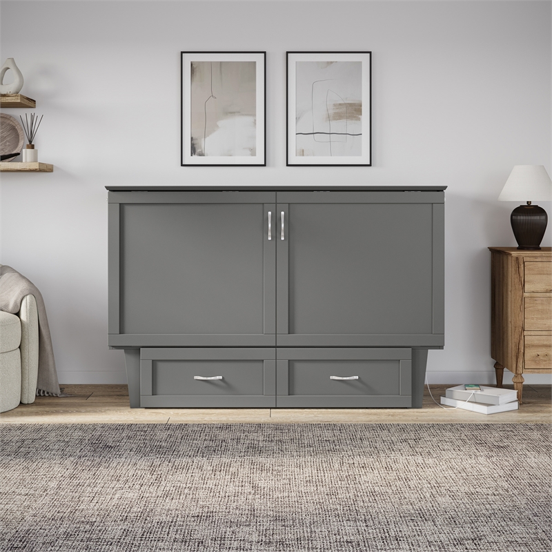 AFI Chelsea Queen Solid Wood Murphy Bed Chest with Mattress in Gray