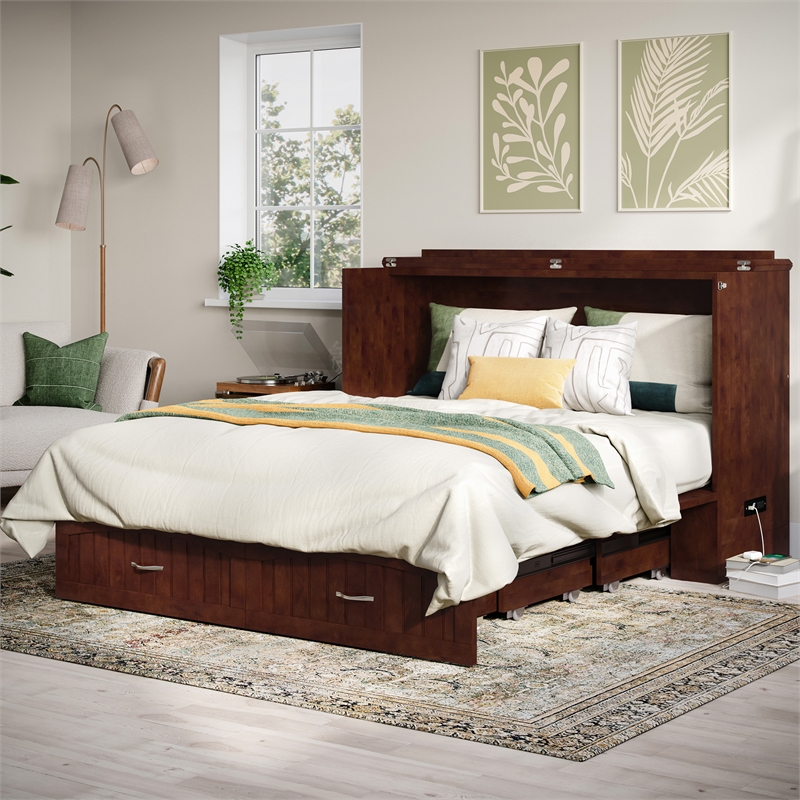 AFI Aspen Queen Solid Wood Murphy Bed Chest with Mattress in Walnut