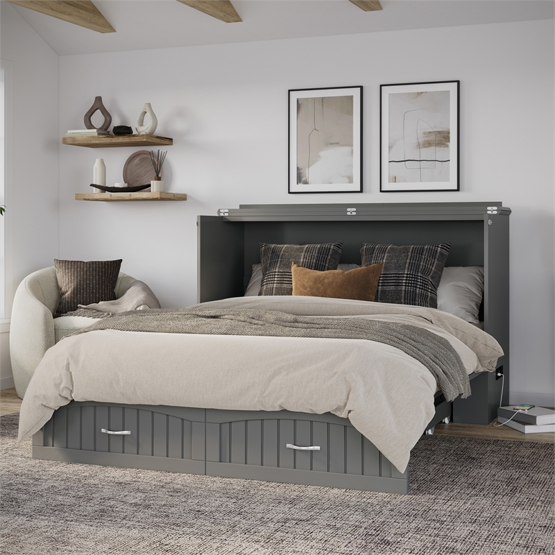 AFI Aspen Queen Solid Wood Murphy Bed Chest with Mattress in Gray