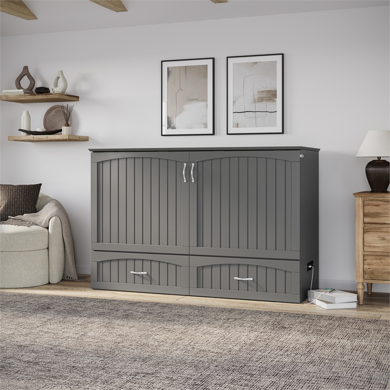 AFI Aspen Queen Solid Wood Murphy Bed Chest with Mattress in Gray