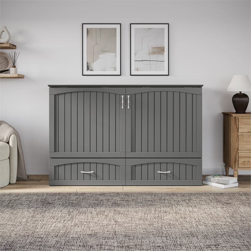 AFI Aspen Queen Solid Wood Murphy Bed Chest with Mattress in Gray