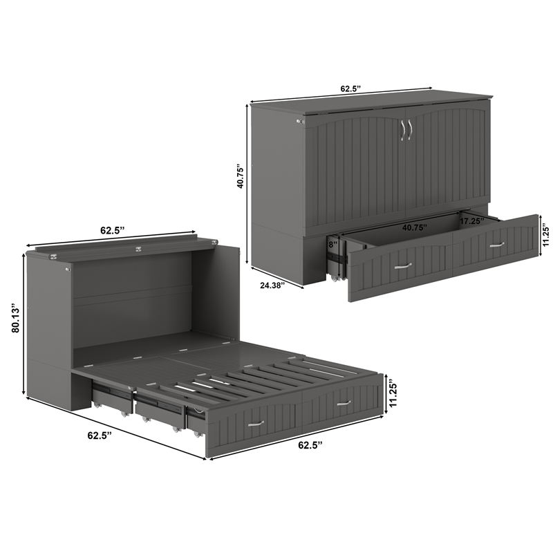 AFI Aspen Queen Solid Wood Murphy Bed Chest with Mattress in Gray