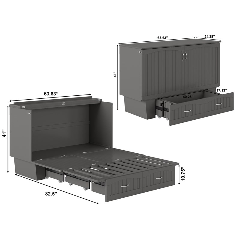 AFI Sydney Queen Solid Wood Murphy Bed Chest with Mattress in Gray