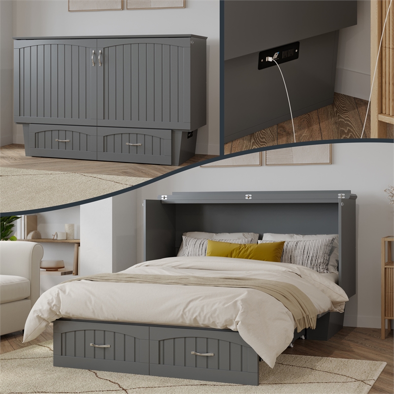 AFI Sydney Queen Solid Wood Murphy Bed Chest with Mattress in Gray