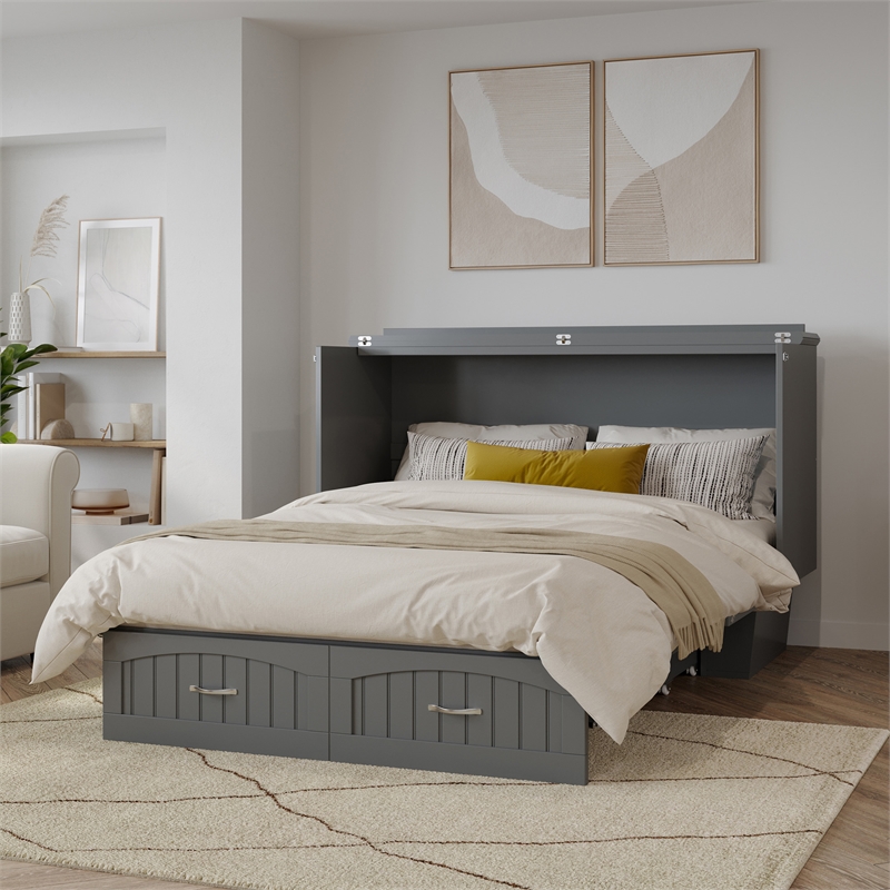 AFI Sydney Queen Solid Wood Murphy Bed Chest with Mattress in Gray