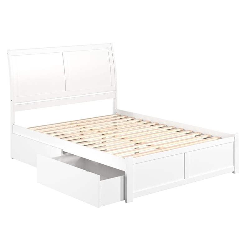 Portland Queen Wood Platform Bed with Footboard & 2 Storage Drawers in White