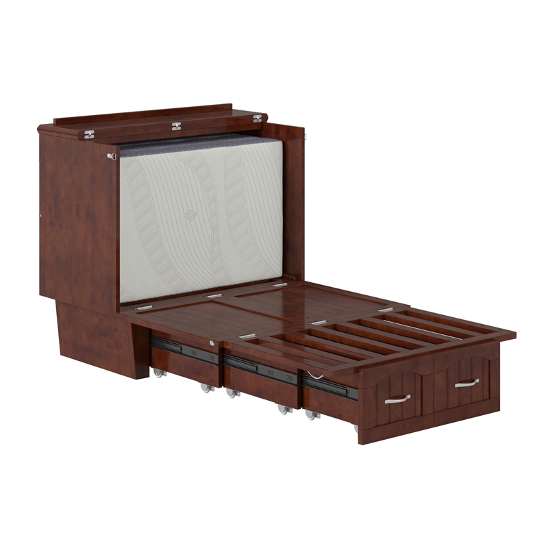 Nantucket Twin Wood Murphy Bed Chest w/ Mattress and Built-in Charger in Walnut