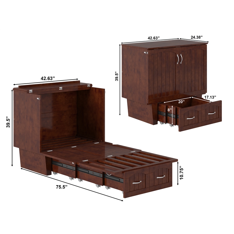 Nantucket Twin Wood Murphy Bed Chest w/ Mattress and Built-in Charger in Walnut