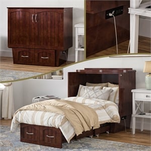 Nantucket Twin Wood Murphy Bed Chest w/ Mattress and Built-in Charger in Walnut