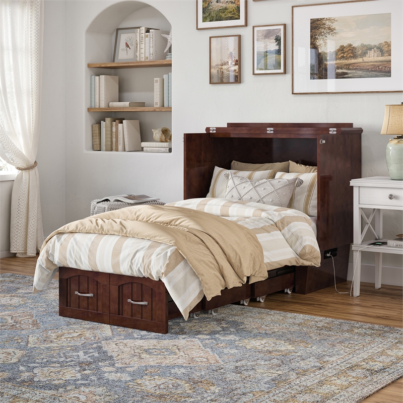 Nantucket Twin Wood Murphy Bed Chest w/ Mattress and Built-in Charger in Walnut