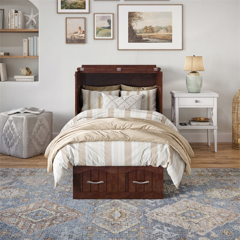 Nantucket Twin Wood Murphy Bed Chest w/ Mattress and Built-in Charger in Walnut