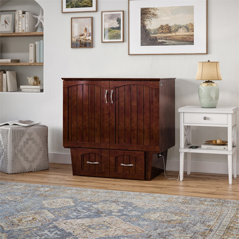 Nantucket Twin Wood Murphy Bed Chest w/ Mattress and Built-in Charger in Walnut