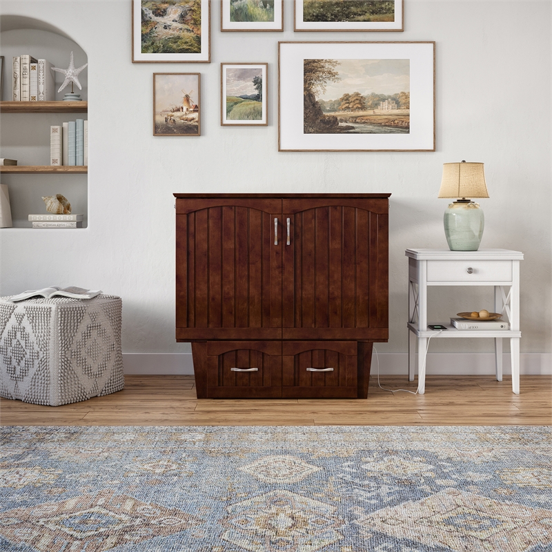 Nantucket Twin Wood Murphy Bed Chest w/ Mattress and Built-in Charger in Walnut