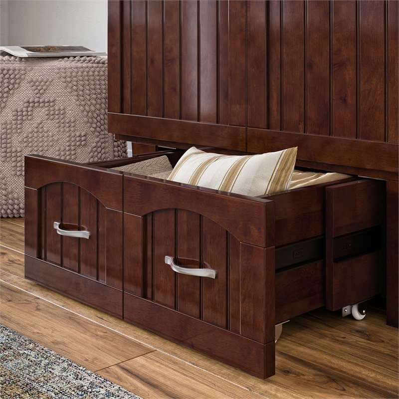 Nantucket Twin Wood Murphy Bed Chest w/ Mattress and Built-in Charger in Walnut