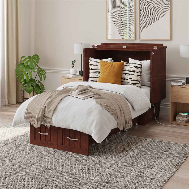 AFI Sydney Twin Solid Wood Murphy Bed Chest with Mattress in Walnut