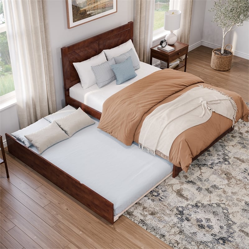 Canyon Full Wood Platform Bed with Matching Footboard & Full Trundle in Walnut