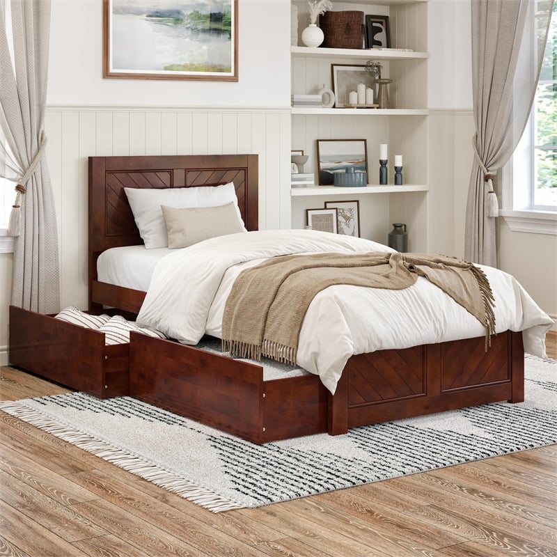 Canyon Twin XL Storage Wood Platform Bed with Matching Footboard in Walnut