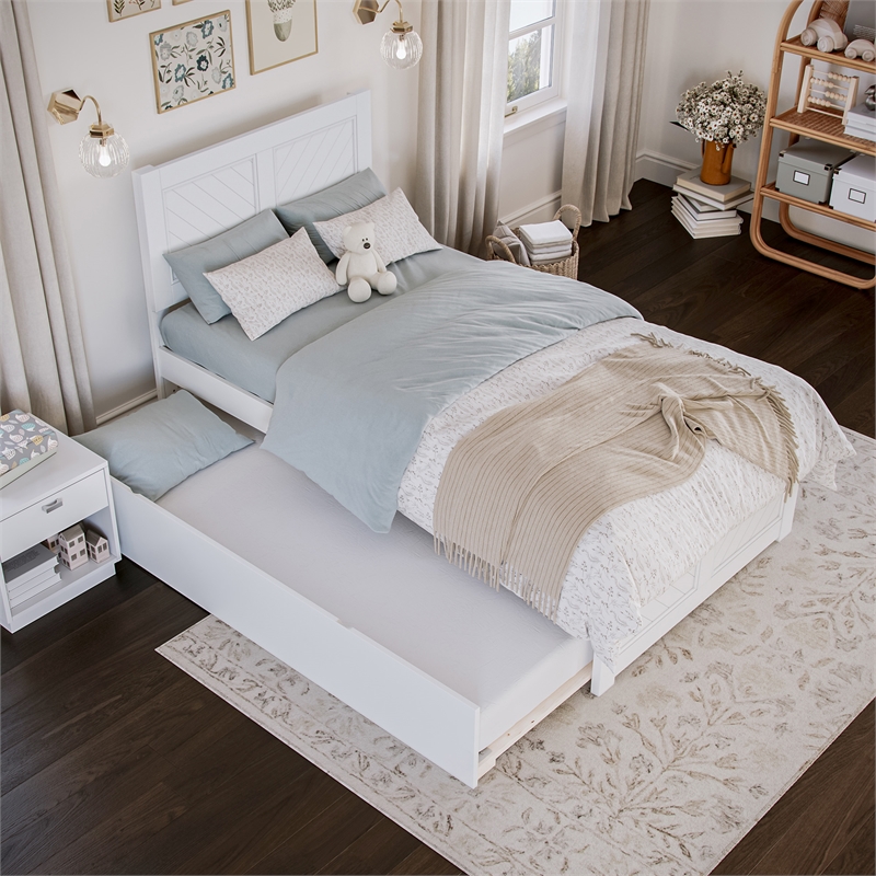 Canyon Twin Wood Platform Bed with Matching Footboard & Twin Trundle in White
